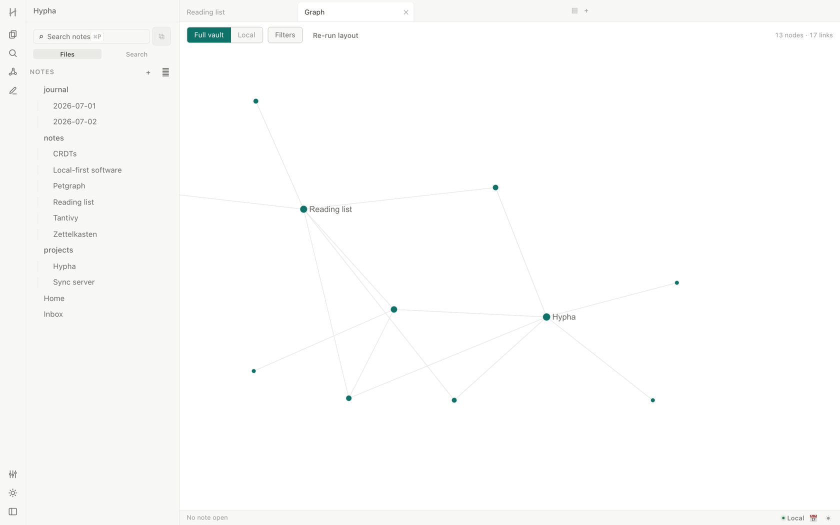 Hypha's knowledge graph view rendering notes as connected nodes, with the file tree sidebar and graph controls for full vault, local view and filters