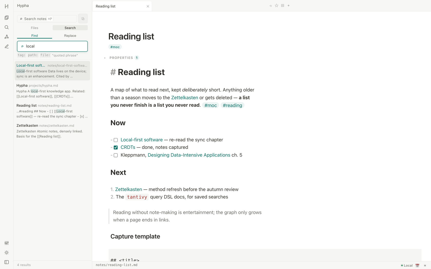 Hypha's search panel showing full-text results with highlighted snippets across notes, next to the open Reading list note